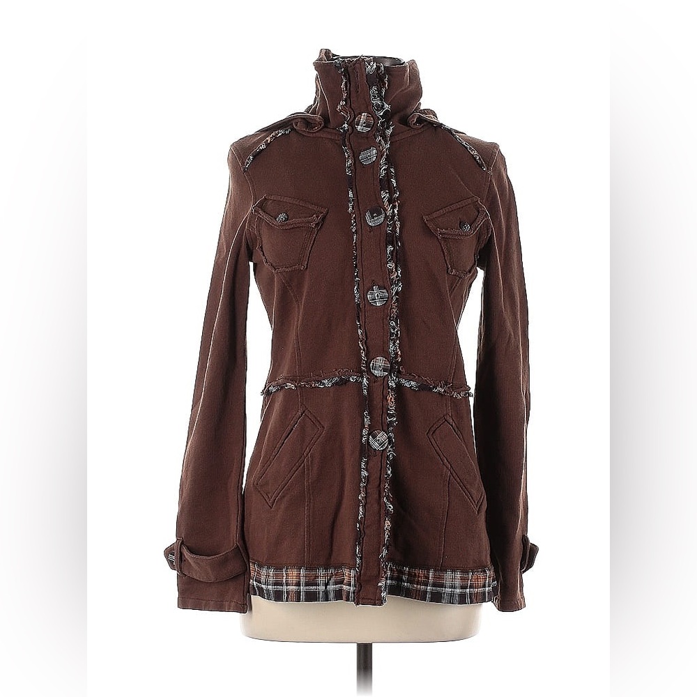 Womans Brown Buttoned Jacket with Plaid Trim
